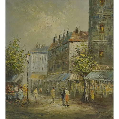 479 - Burnett - Parisian street scene with figures, Impressionist oil on canvas, mounted and framed, 54.5c... 