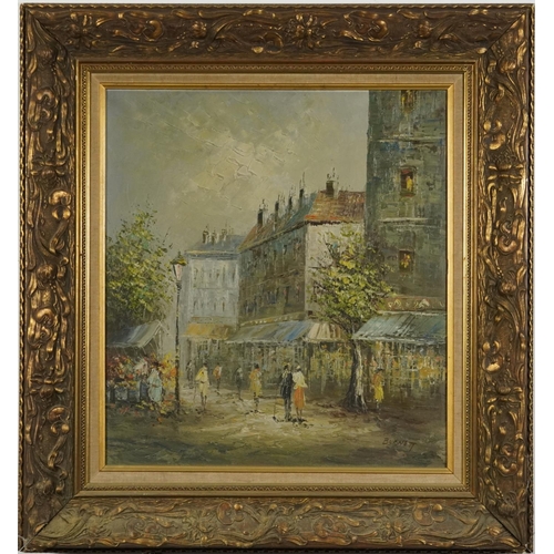 479 - Burnett - Parisian street scene with figures, Impressionist oil on canvas, mounted and framed, 54.5c... 