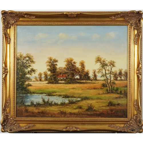 132 - Rural landscape with cottage and lake, oil on canvas, indistinctly signed, mounted and framed, 59.5c... 