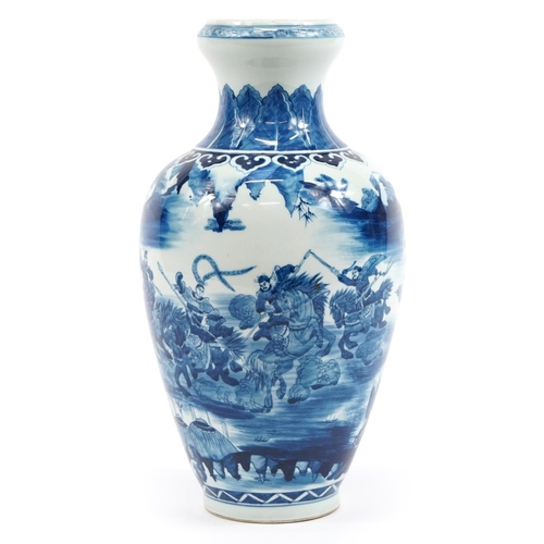 513 - Chinese blue and white porcelain vase hand painted with warriors in a landscape, six figure characte... 