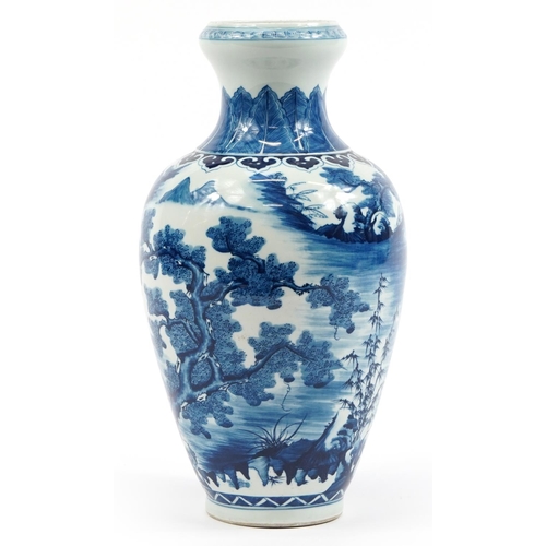 513 - Chinese blue and white porcelain vase hand painted with warriors in a landscape, six figure characte... 