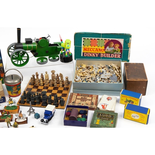 1235 - Antique and later toys including bone and ebony Dominoes, turned wooden chess pieces and hand painte... 