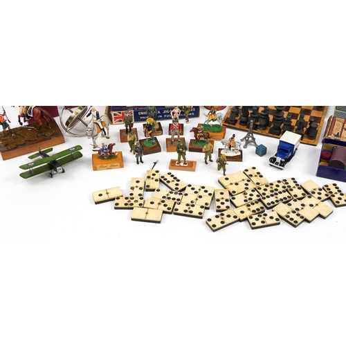 1235 - Antique and later toys including bone and ebony Dominoes, turned wooden chess pieces and hand painte... 