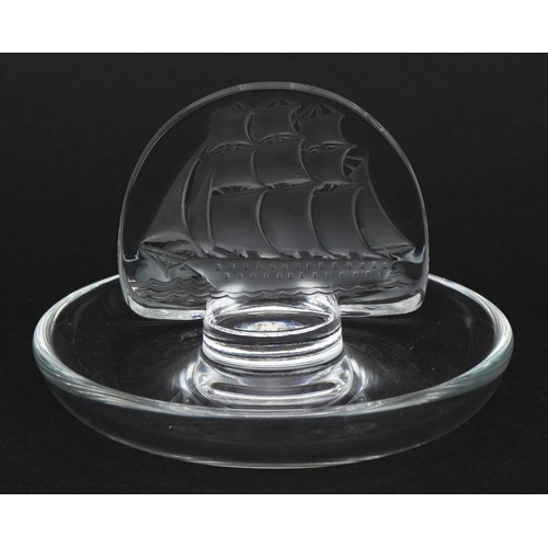 175 - Lalique frosted glass clipper ship ring tray etched with Lalique France to the base, 10cm in diamete... 