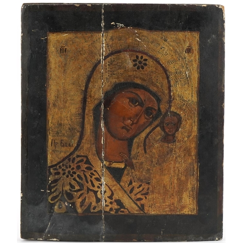 348 - Russian Orthodox wood icon hand painted and gilded with Madonna and child, 31.5cm x 27cm