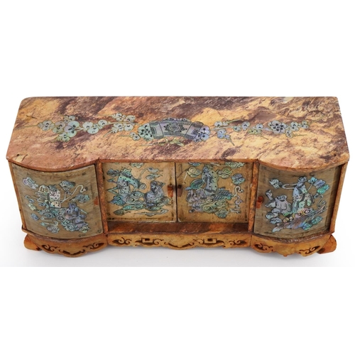 129 - Miniature Chinese carved soapstone side cabinet with mother of pearl inlay, 10cm H x 24cm W x 8cm D