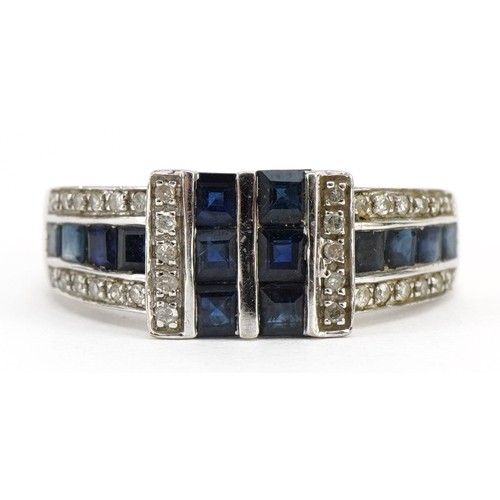 2062 - Art Deco style 9ct white gold sapphire and diamond cluster ring, size N, 3.0g