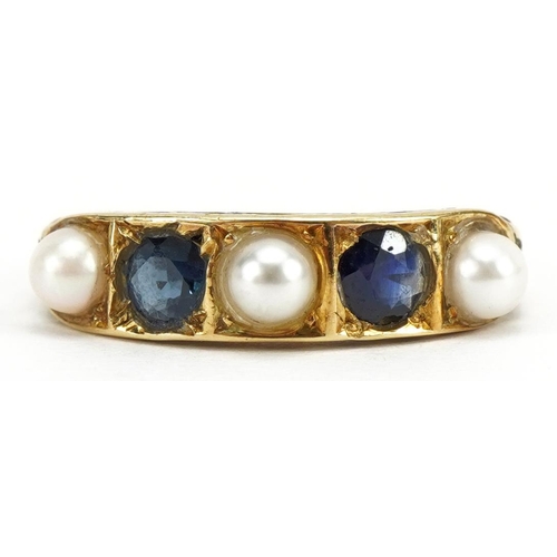 2103 - Unmarked gold sapphire and pearl four stone ring, size I/J, 1.9g