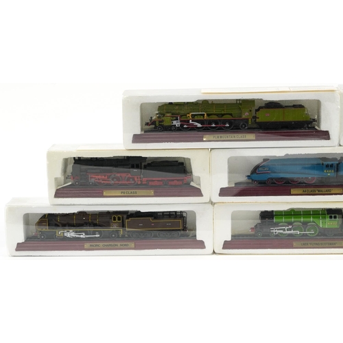 1436 - Eight model locomotives with wooden plinth bases including Duchess LMS and The Flying Scotsman