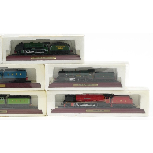 1436 - Eight model locomotives with wooden plinth bases including Duchess LMS and The Flying Scotsman