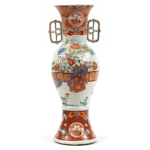 1280 - Large Japanese Kutani porcelain vase with twin handles hand painted with warriors, character marks t... 