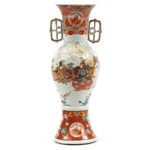 1280 - Large Japanese Kutani porcelain vase with twin handles hand painted with warriors, character marks t... 