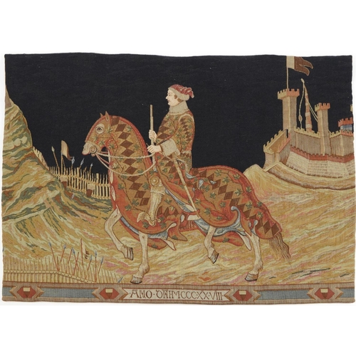 506 - Woven tapestry depicting the knight of Siena horseback, 133cm x 94cm