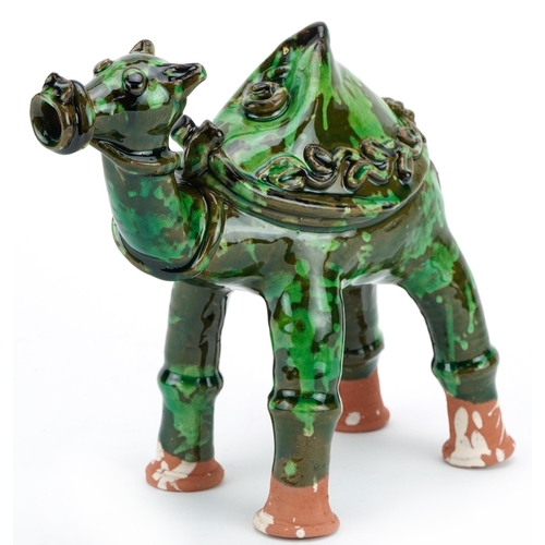 138 - Turkish Canakkale pottery camel ewer, having a green glaze, 19cm in length