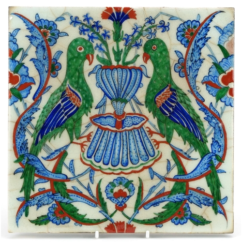 Turkish Ottoman Iznik pottery tile hand painted with stylised birds and ...