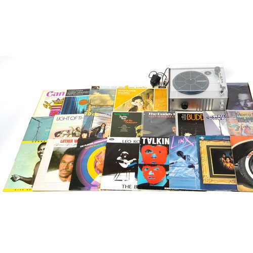 1739 - Crossley CR6017A record player with a collection of vinyl LP records including Talking Heads, Linx, ... 