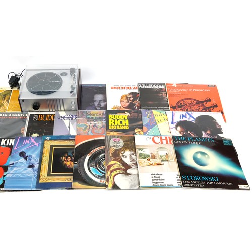 1739 - Crossley CR6017A record player with a collection of vinyl LP records including Talking Heads, Linx, ... 