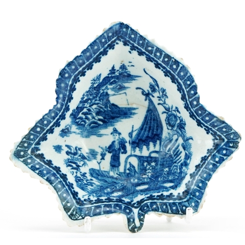 14 - 18th century Caughley porcelain leaf dish printed in the Fisherman pattern, 13cm wide