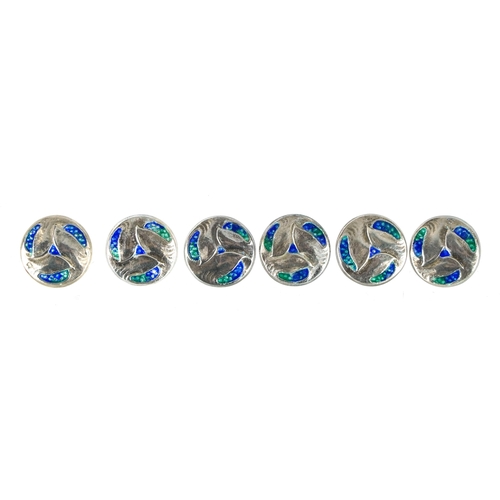 88 - Archibald Knox for Liberty & Co, set of six Arts & Crafts silver and enamel Cymric buttons, housed i... 