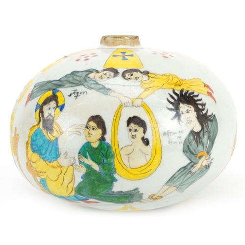 207 - Turkish Armenian Kutahya pottery hanging ball hand painted with figures, 21cm in diameter