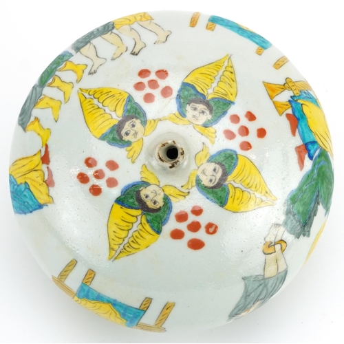 207 - Turkish Armenian Kutahya pottery hanging ball hand painted with figures, 21cm in diameter