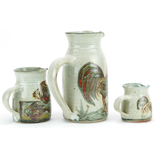 Colin Kellam, Three Studio Pottery Jugs Hand Painted With Cockerels And ...