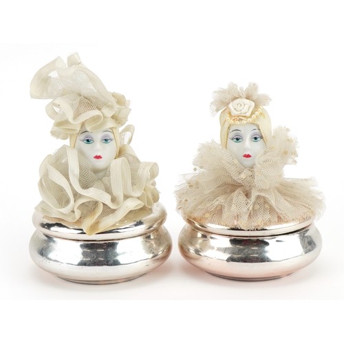 1485 - Two vintage Pierrot silver lustre china powder pots and covers with lace frills and hats, 12cm high