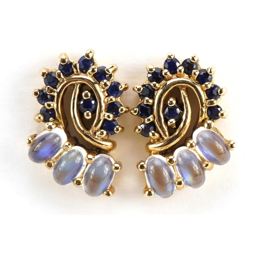 2096 - Pair of 9ct gold moonstone and sapphire stud earrings, 1.6cm high, 5.2g