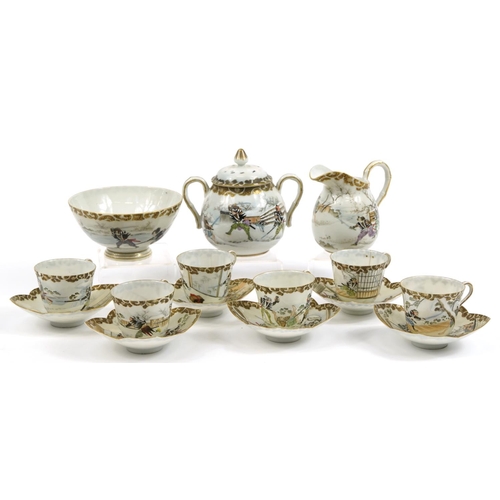 1394 - Japanese eggshell teaware including twin handled sugar bowl with cover, milk jug and cups with sauce... 