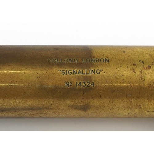 146 - Dollond London, leather bound brass three draw signalling telescope numbered 14324 and one other eye... 