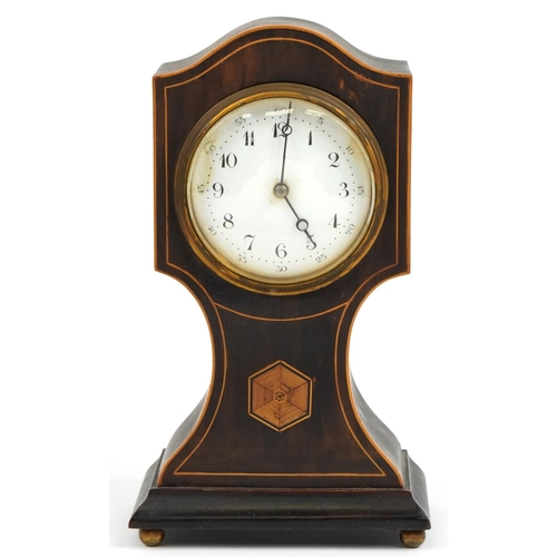 214 - Edwardian inlaid mahogany mantle clock, the enamelled dial having Arabic numerals, 25cm high