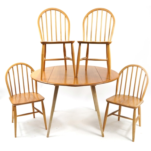 674 - Ercol light elm Windsor drop leaf dining table and four chairs, the table 71cm H x 103cm D x 64cm wi... 