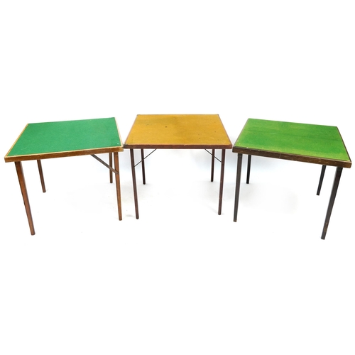 844 - Three square green baize folding card tables, one with a Burrowes label, each 76cm square