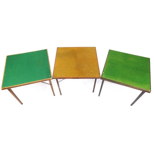 844 - Three square green baize folding card tables, one with a Burrowes label, each 76cm square