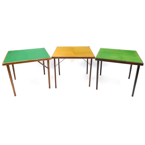 844 - Three square green baize folding card tables, one with a Burrowes label, each 76cm square