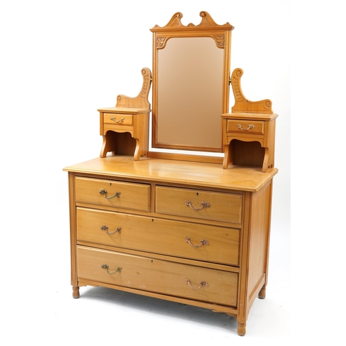 842 - Victorian four drawer pine dressing table with bevelled glass carved swing mirror, 147cm H x 107cm W... 