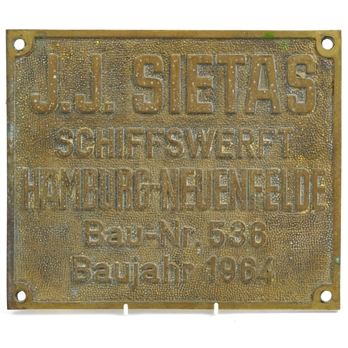 476 - Vintage shipping interest cast metal J J Sietas Schiffswerft 1964 plaque, 30cm x 25cm