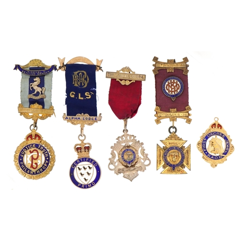 1948 - Five silver and enamel masonic and RAOB interest jewels including Nemo Mortalium Omnibus Horis Sapit... 