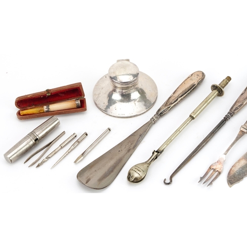 1873 - Objects including silver capstan inkwell, silver mounted amber coloured cheroot holder with case and... 