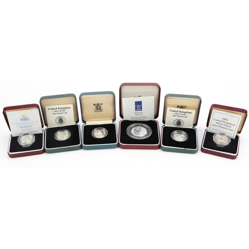 1885 - Six silver proof coins with fitted cases including D Day commemorative fifty pence coin and United K... 