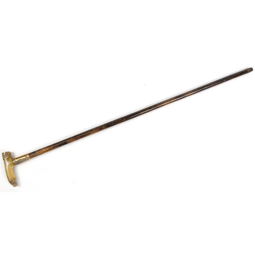 401 - Bamboo walking stick with horn handle and gilt metal mounts, 90cm in length