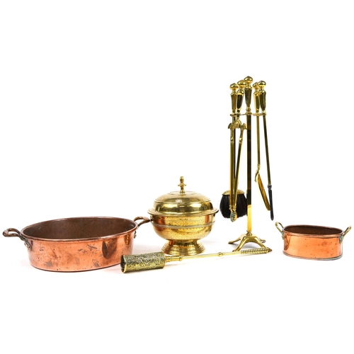 1471 - Antique and later metalware including fireside companion set and circular copper preserve pan, the l... 