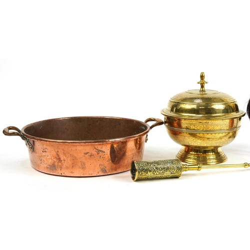 1471 - Antique and later metalware including fireside companion set and circular copper preserve pan, the l... 