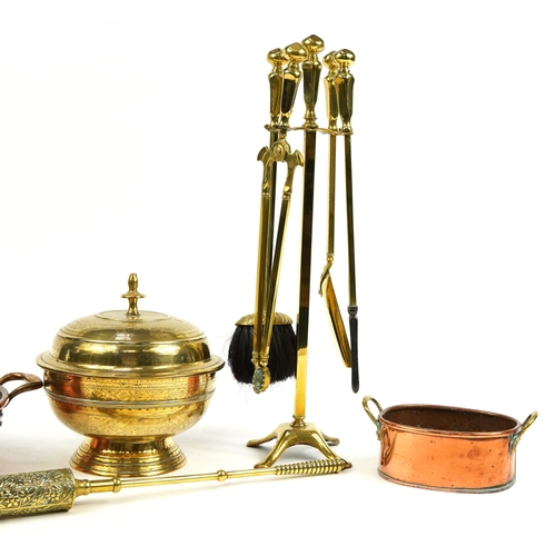 1471 - Antique and later metalware including fireside companion set and circular copper preserve pan, the l... 