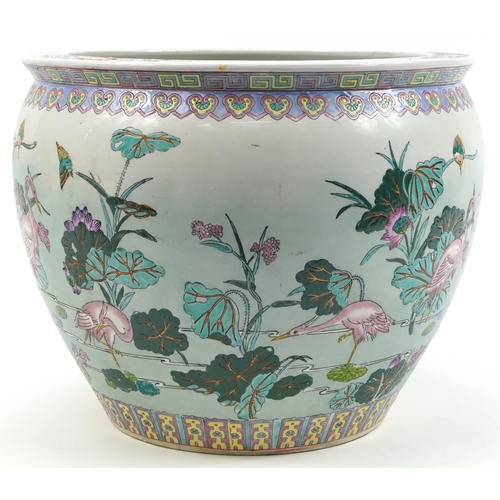 260 - Large Chinese porcelain jardiniere hand painted with ducks amongst aquatic life, 50cm in diameter