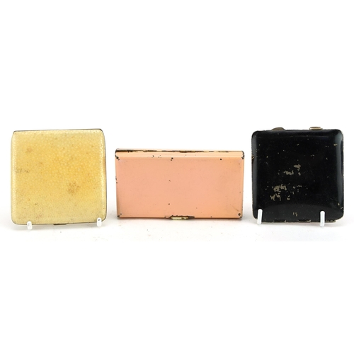 356 - Three early 20th century ladies compacts including one in the form of a purse and an Art Deco shagre... 