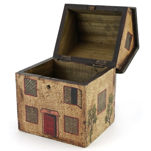 417 - Hand painted wooden box with hinged lid in the form of a Georgian house, 22cm H x 16cm W x 14cm D