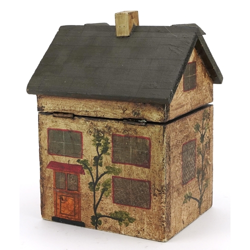 417 - Hand painted wooden box with hinged lid in the form of a Georgian house, 22cm H x 16cm W x 14cm D