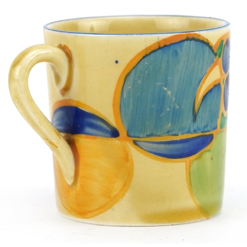 96 - Clarice Cliff, Art Deco Fantasque coffee can hand painted with pastel melons, 5.5cm high