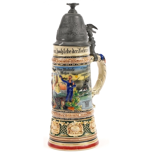 1787 - Paul Kluts, German military interest stein with pewter mounts, 32.5cm high